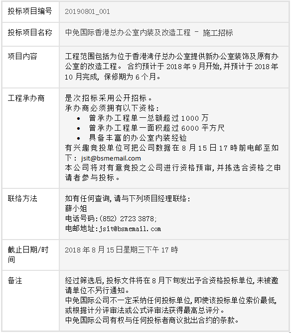 中免國際香港總辦公室內裝及改造工程 – 施工招標公告